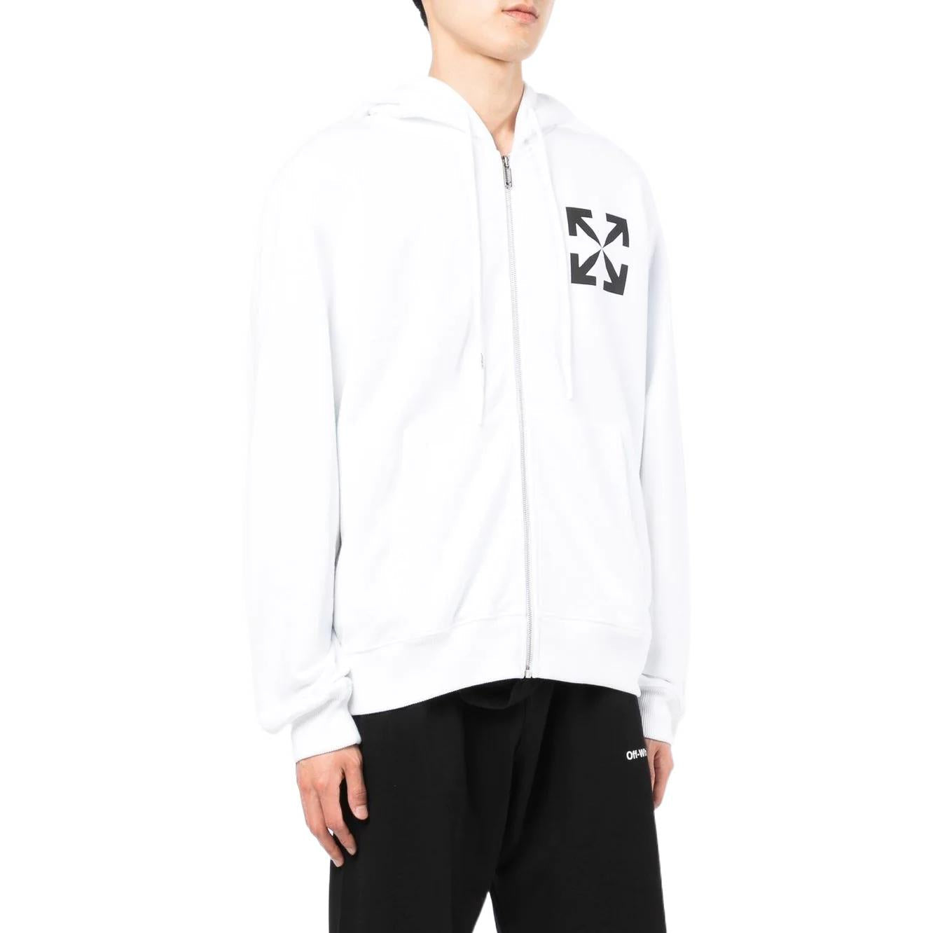 Men's Off-White Solid Color Logo Printing Pattern Hooded Zipper Jacket White OMBE013C99FLE0020110110