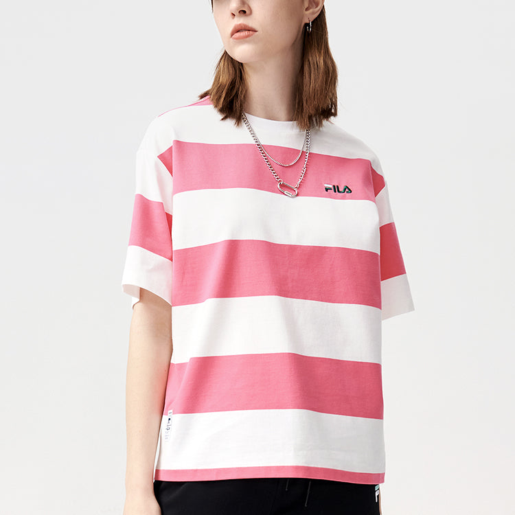 FILA FUSION Contrasting Colors Stripe Round Neck Loose Short Sleeve Pink White Colorblock T11W122113F-WT