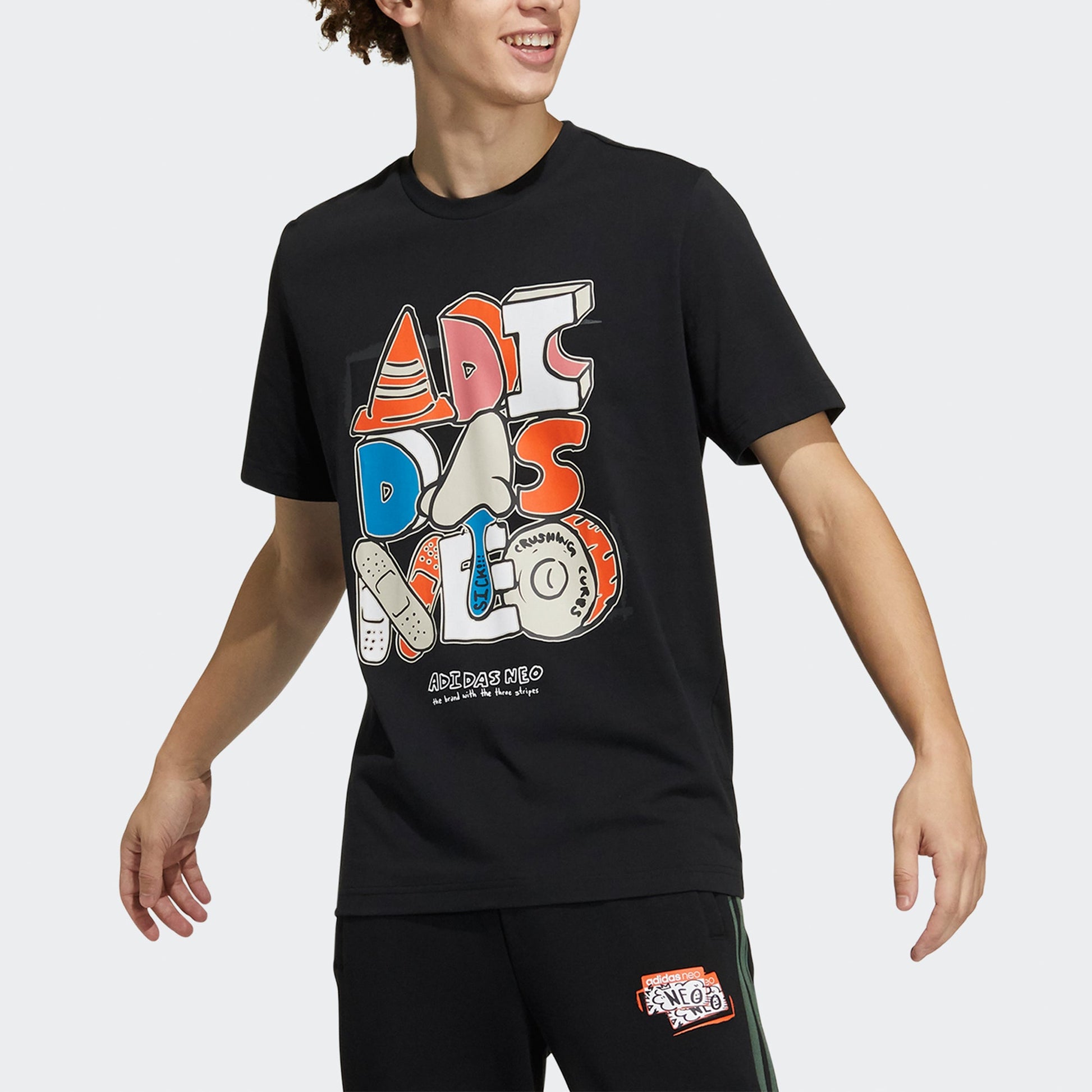 adidas neo M Ssfv5 Tee1 Funny Cartoon Printing Logo Sports Round Neck Short Sleeve Black GP4867