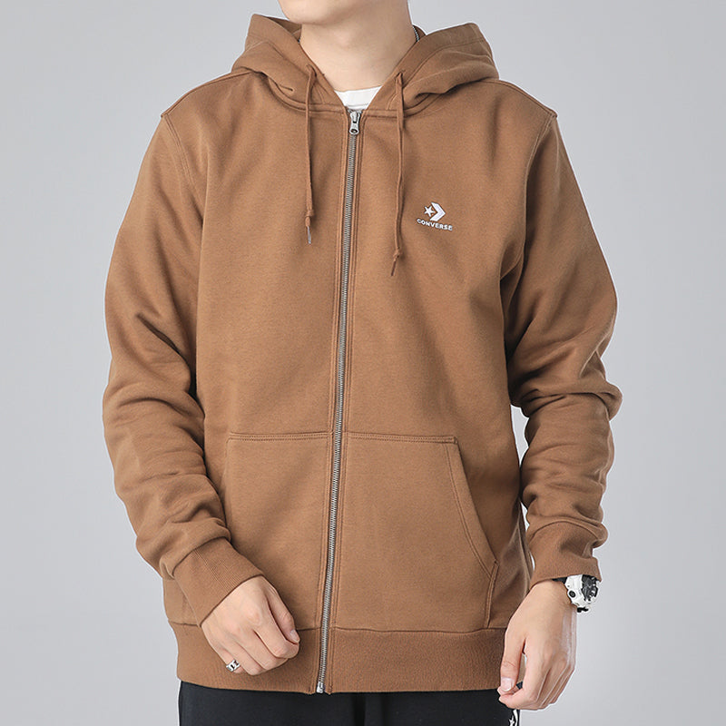 Men's Converse Zipper hooded Fleece Lined Cardigan Knit Jacket Brown 10019922-A05