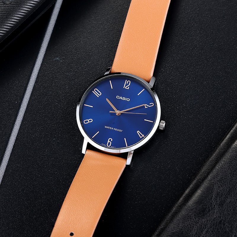 Casio Influencer Analog Leather Strap Watch 'Brown Royal Blue' MTP-VT01L-2B2