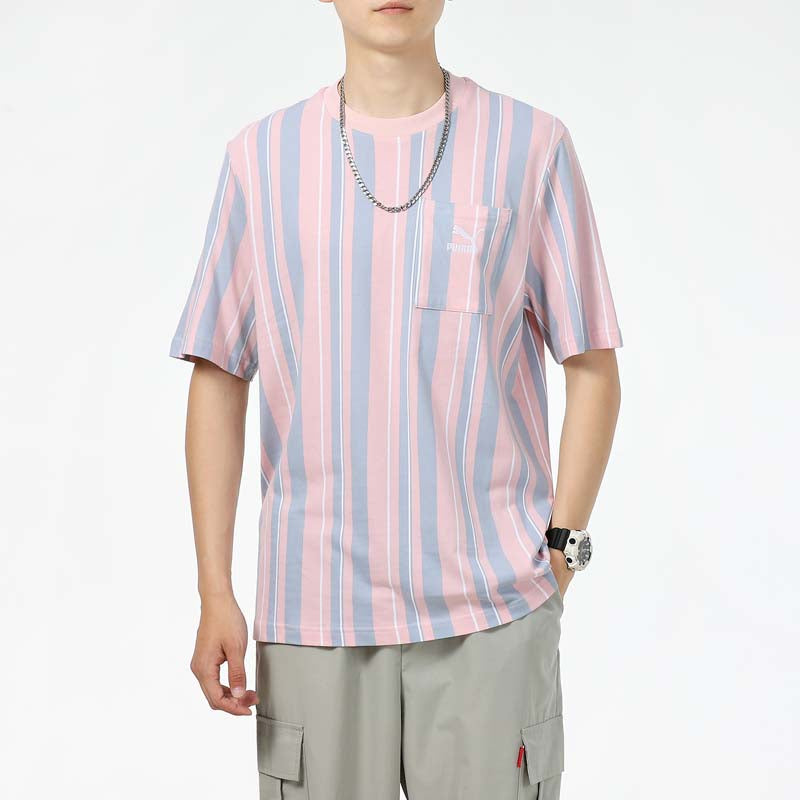 PUMA Stripe Round Neck Casual Sports Short Sleeve Pink Red 533203-61