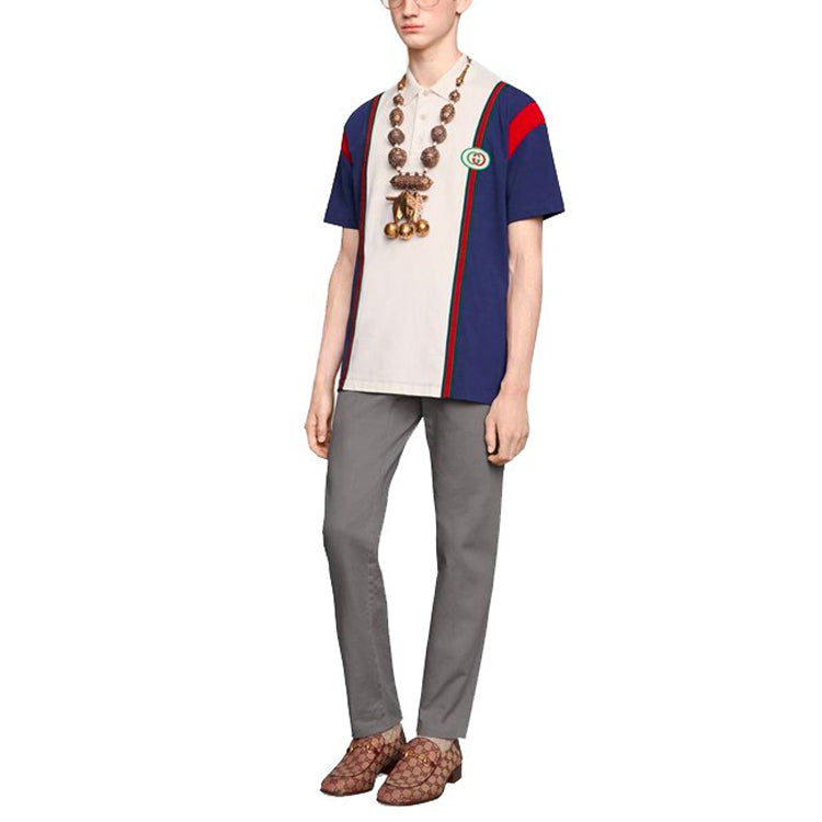 Men's Gucci Adornment Interlock G Short Sleeve Blue Polo Shirt 560512-XJATW-4594