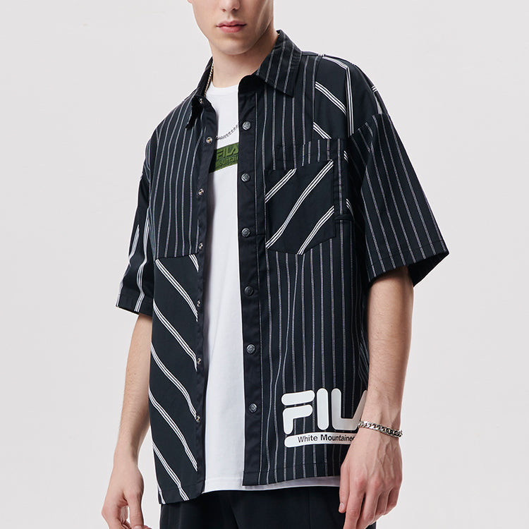 Men's FILA FUSION x White Mountaineering Crossover Stripe Splicing Short Sleeve Sports Black Shirt T11M137401F-BK