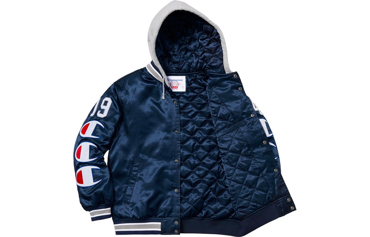Supreme FW18 x Champion Hooded Satin Varsity Jacket Navy SUP-FW18-554