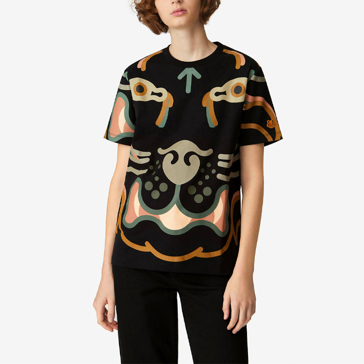 KENZO SS21 Pattern Printing Loose Round Neck Short Sleeve Black T-Shirt FB52TS9444SB-99