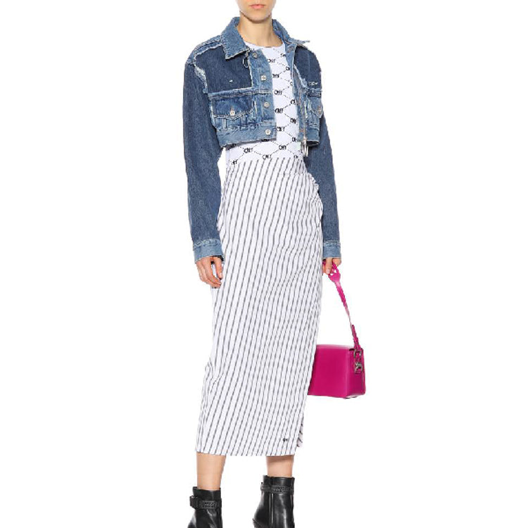 (WMNS) Off-White Short Zipper Jean Jacket Blue OWYE001R183860217301