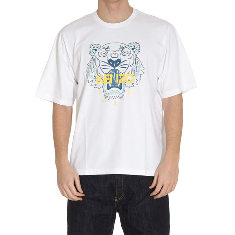 Men's KENZO Classic Tiger Head Printing Loose Round Neck Short Sleeve White FA55TS5004YA-01