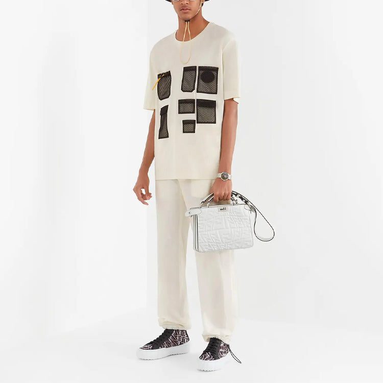 Men's FENDI FW21 Mesh Pocket Cotton Short Sleeve White T-Shirt FY0936AGAIF0AU5