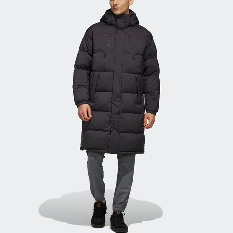 adidas Puffy Long Down Stay Warm Outdoor Sports hooded down Jacket Black EH4008