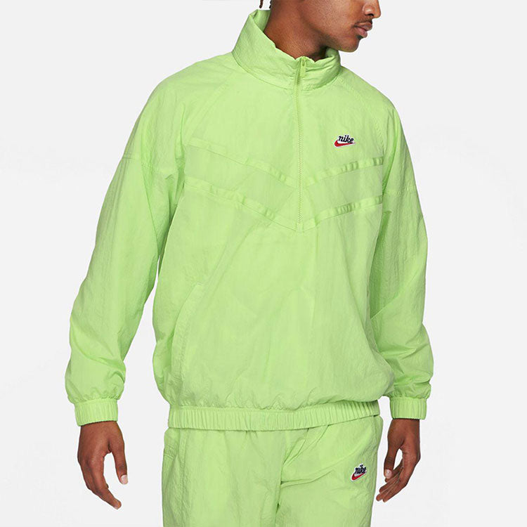 Men's Nike Solid Color Logo Label Breathable Windproof Stand Collar Half Zipper Long Sleeves Jacket Autumn Green DA2493-399