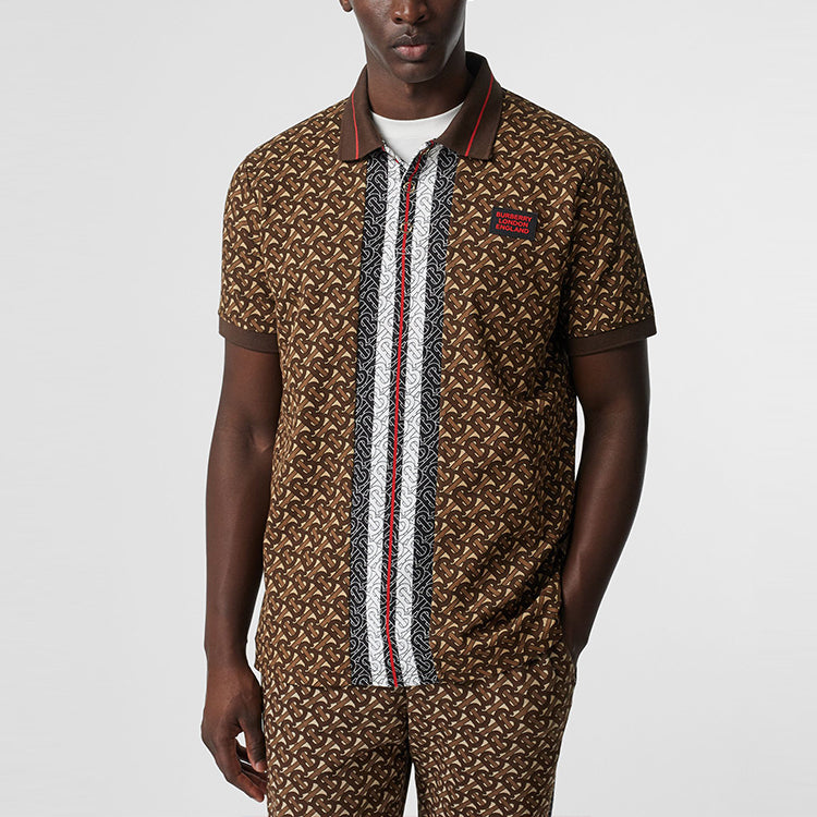 Men's Burberry Logo Stripe Printing Loose Short Sleeve Polo Shirt Brown 80182621