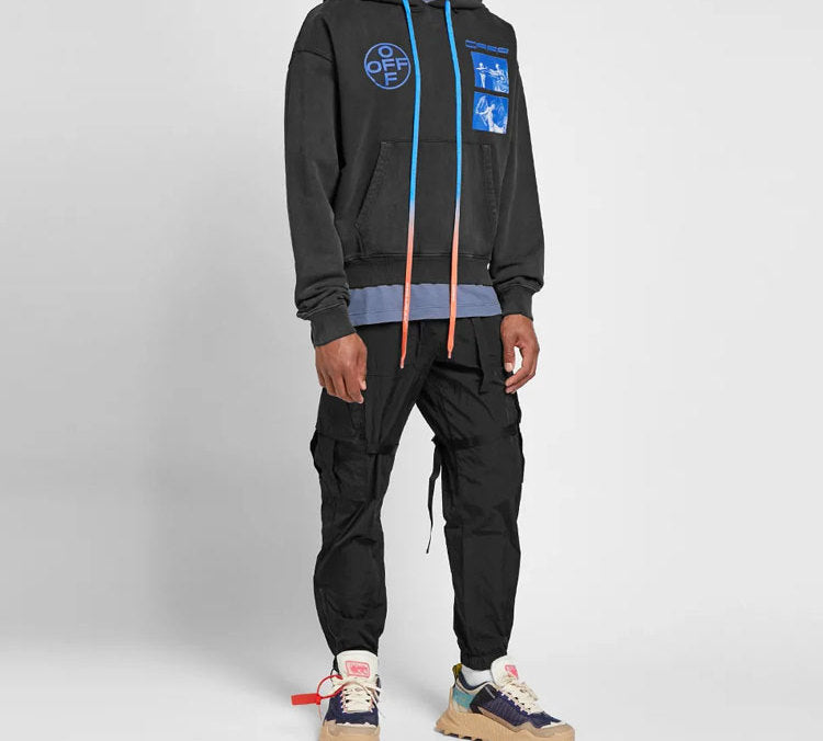Men's Off-White Graphic Printed Drawstring Printing Hooded Long Sleeves Dark Grey OMBB037F19E300091030