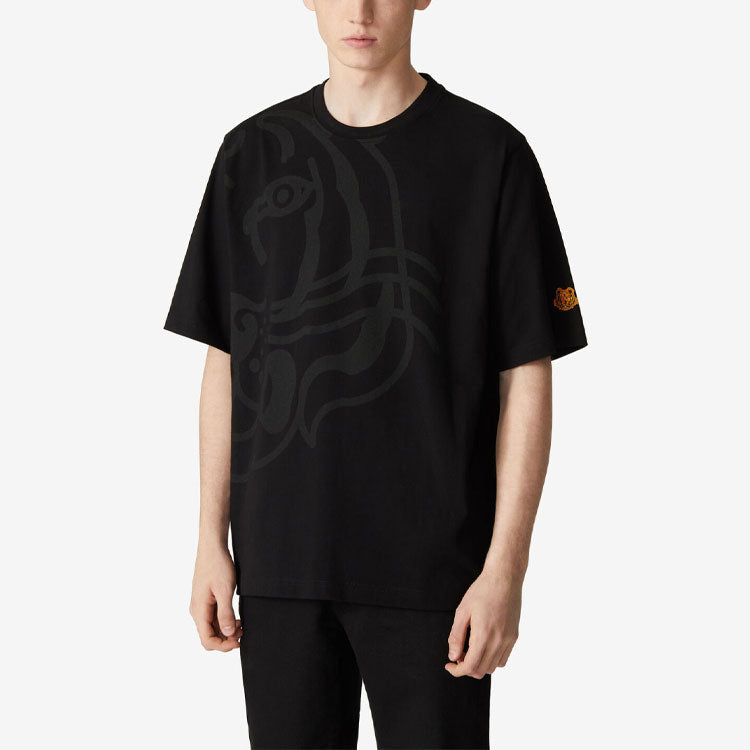 Men's KENZO K-Tiger Tiger Head Pattern Round Neck Short Sleeve Black T-Shirt FA65TS5334TK-99