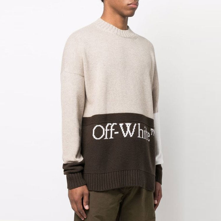 Men's Off-White SS22 Logo Intarsia Colorblock Wool Sweater Beige OMHE048S22KNI0011761