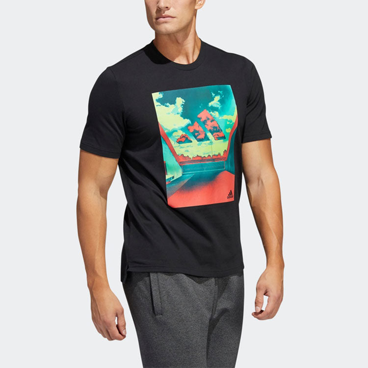 Men's adidas Landscape Logo Pattern Printing Round Neck Short Sleeve Black T-Shirt HE2302