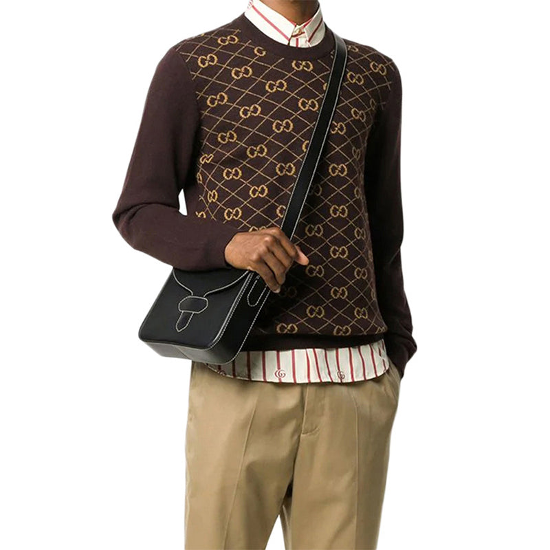 Men's Gucci SS21 GG Rhombus Pattern Round Neck Pullover Wool Sweater Brown 626288-XKBFB-2100