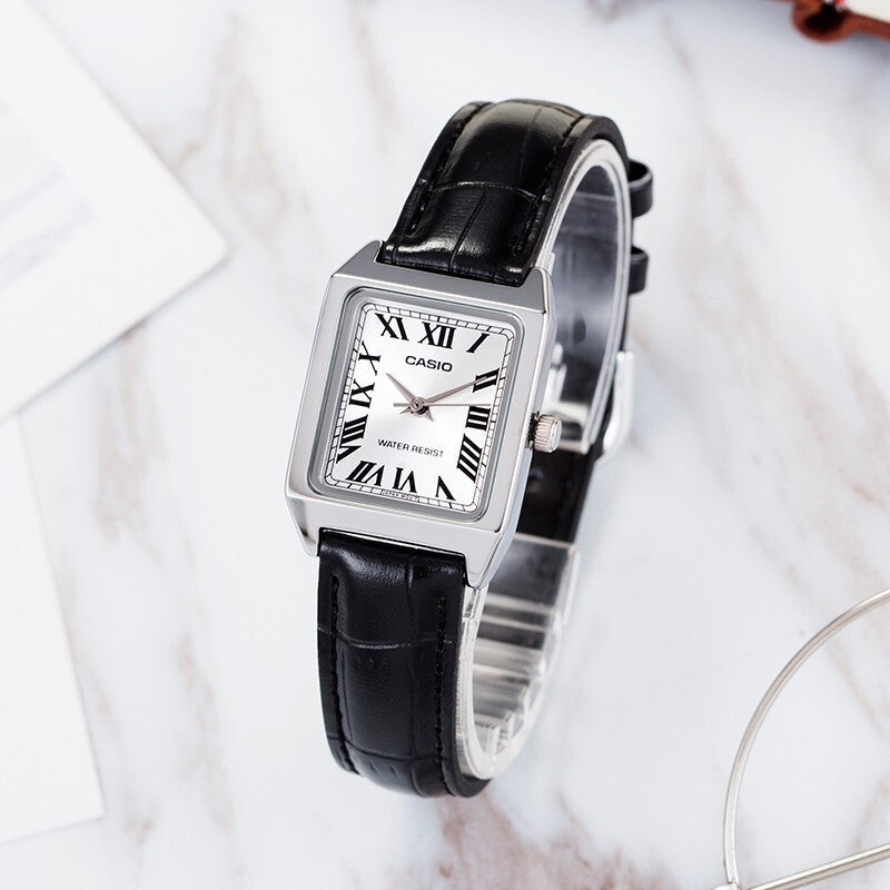 CASIO Leisure Pointer Vintage Leather Squarees Quartzes White Analog LTP-V007L-7B1