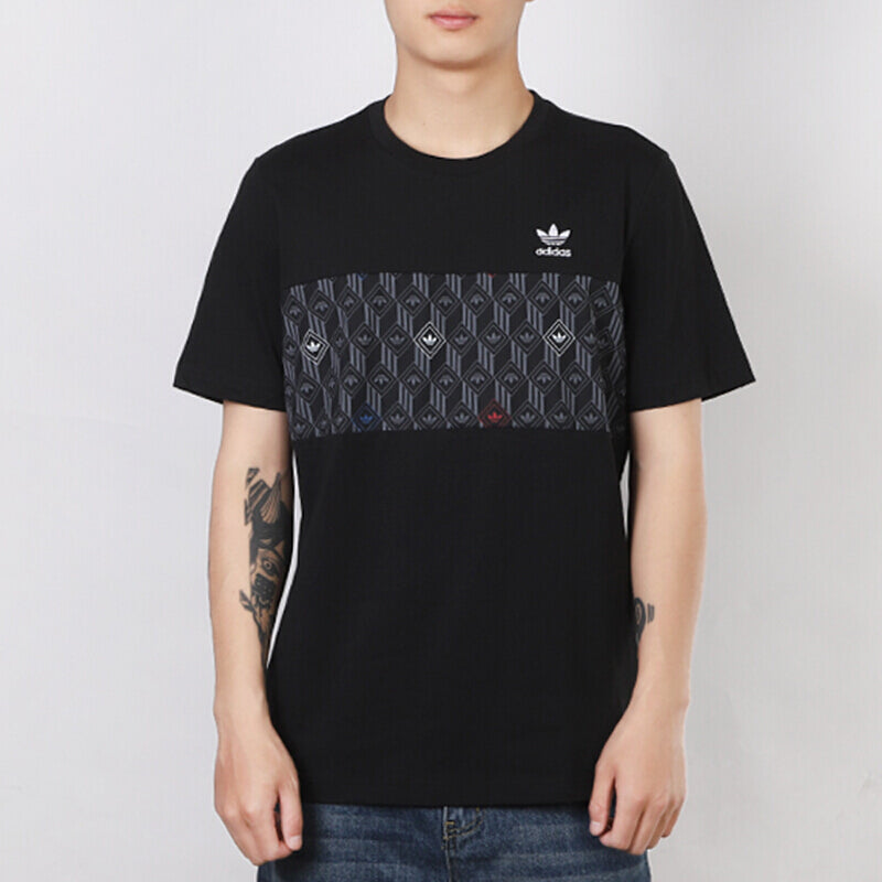 adidas originals Mono Tee 2t Patchwork Print Logo Sports Round Neck Short Sleeve Black GD5846