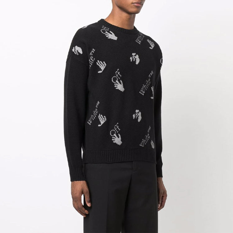 Men's Off-White FW21 Intarsia Knit Logo Round Neck Pullover Wool Sweater Loose Fit Black OMHE095F21KNI0011009