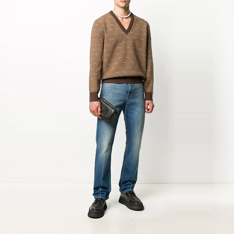 Men's Gucci SS21 Alphabet Pattern V Neck Wool Sweater Brown 626643-XKBFZ-2381