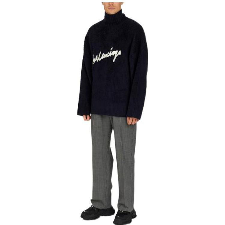 Balenciaga Brushed Cotton Scribble Logo Turtleneck Jersey Sweater 'Navy' 625935T31828065