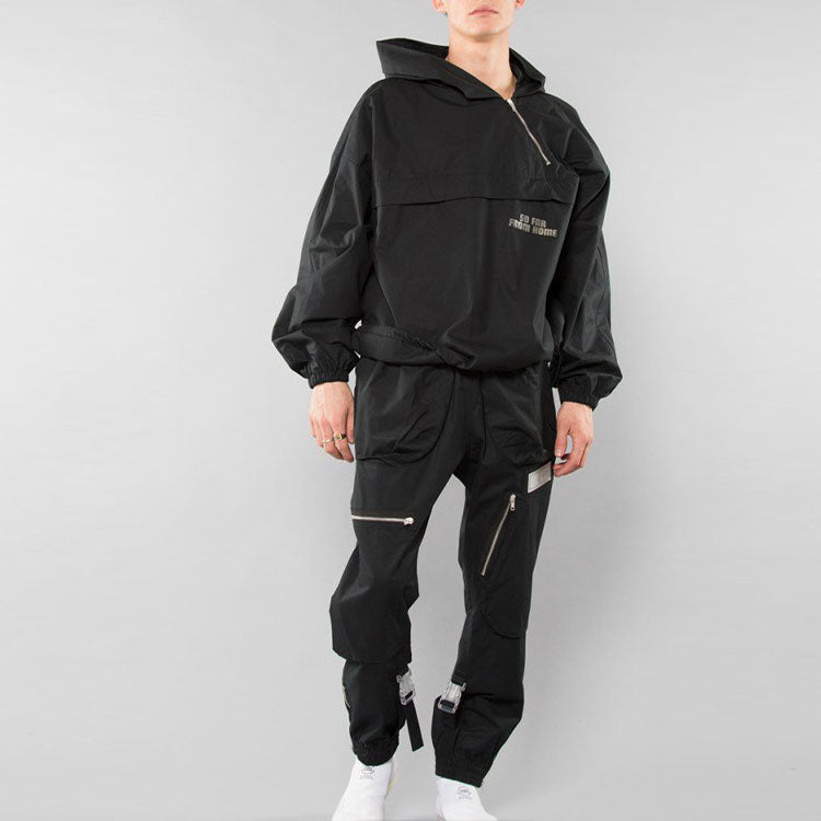 Men's Off-White Pattern Printing Diagonal Zipper Loose Fit Black OMBD006S189381371088