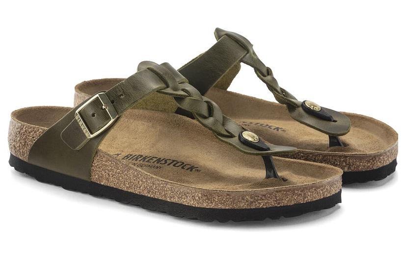 Birkenstock Gizeh Braided Oiled Leather Narrow Fit Sandals 'Olive Green' 1024069