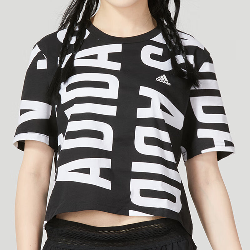 (WMNS) adidas Essentials Oversized Allover Print Cropped T-Shirt 'Black White' HC9161