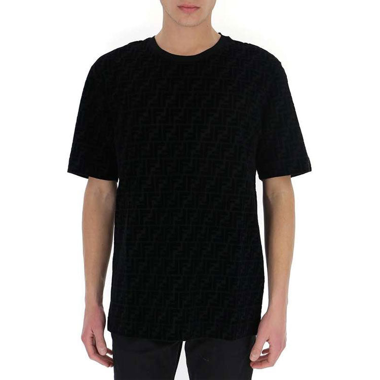 Men's FENDI Full Print F Black Brown Logo Printing Short Sleeve Black T-Shirt FY0936A7D5F0ABB
