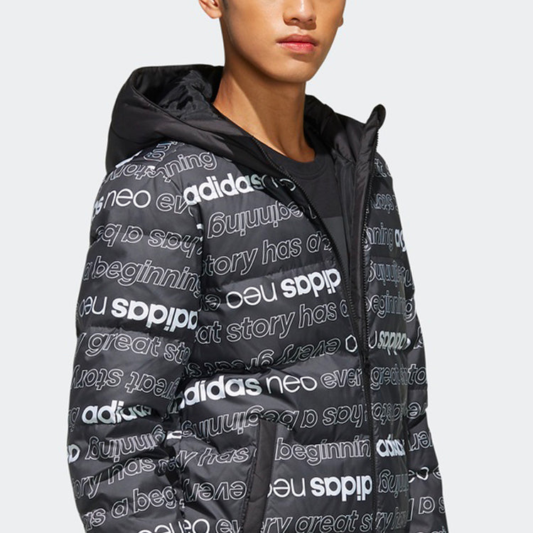 adidas neo Alphabet Full Print hooded down Jacket Black EI4372