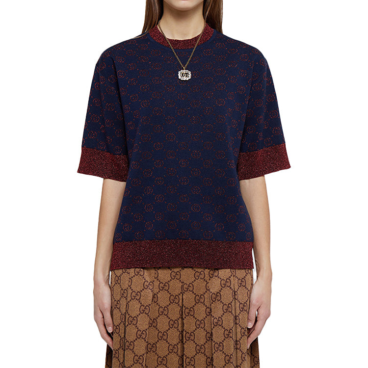 (WMNS) Gucci Interlocking Crewneck Casual Half Sleeve Sweater Blue 605920-XKAHT-4668