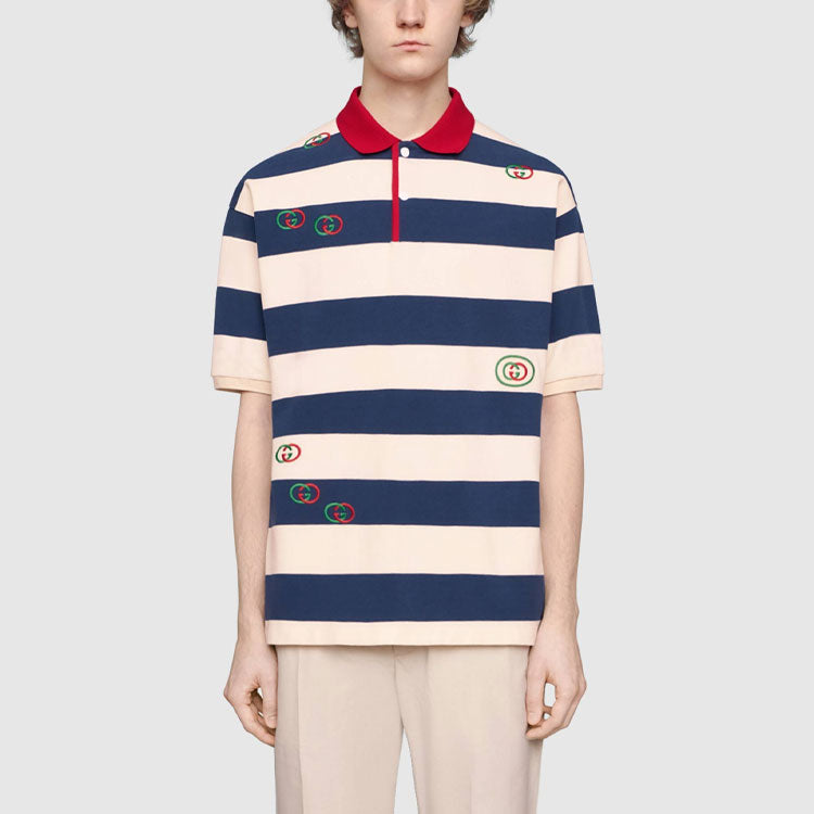 Gucci SS21 Embroidered Stripe Knit Short Sleeve Polo Shirt Blue 581976-XJA6H-4594