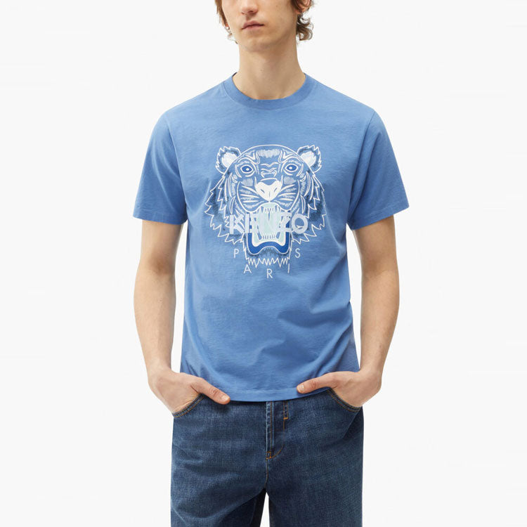 Men's KENZO FW21 Printing Tiger Head Round Neck Short Sleeve Blue T-Shirt FB65TS0204YA-72