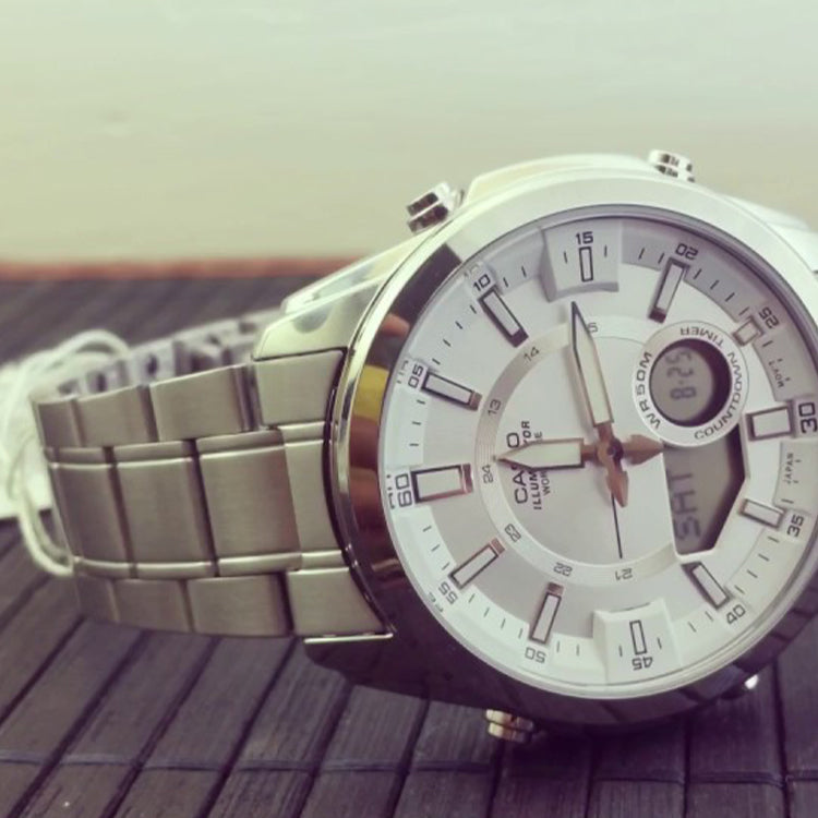 CASIO Waterproof Stainless Steel Strap Mens Silver Analog/Digital Combo AMW-810D-7A