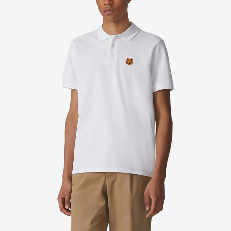 Men's KENZO SS21 Small Tiger Head Embroidered Short Sleeve White Polo Shirt FA65PO0014PU-01
