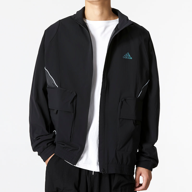 Men's adidas St Pkt Wvjkt Athleisure Casual Sports Logo Stand Collar Woven Jacket Black HM5144