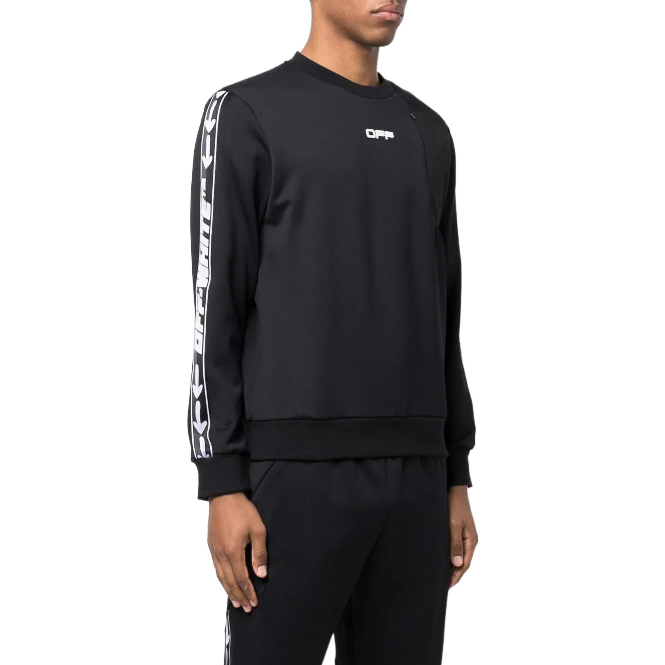 Men's Off-White FW22 Asymmetric Splicing Logo Webbing Round Neck Long Sleeves Black OMVD003C99FAB0011001