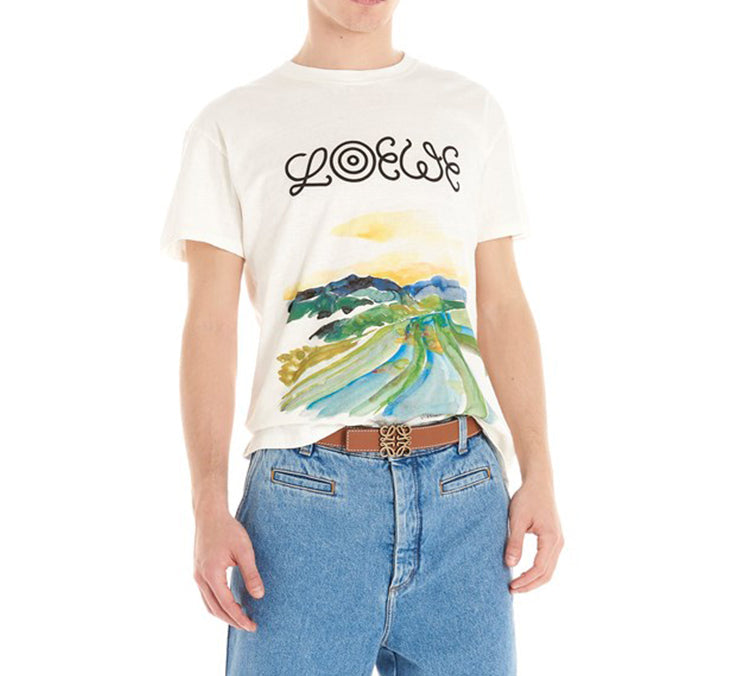 Men's LOEWE Watercolor Printing Cotton Short Sleeve White H6109831PC-2100