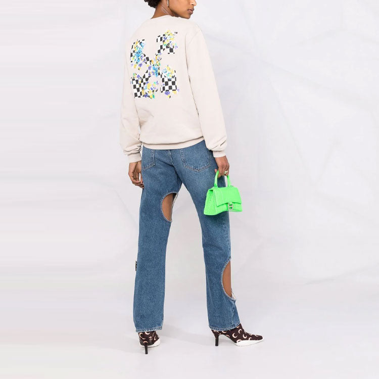 (WMNS) Off-White SS21 Arrows Plaid Flowers Printing Loose Fit Creamy White Hoodie OWBA055S21JER0020901