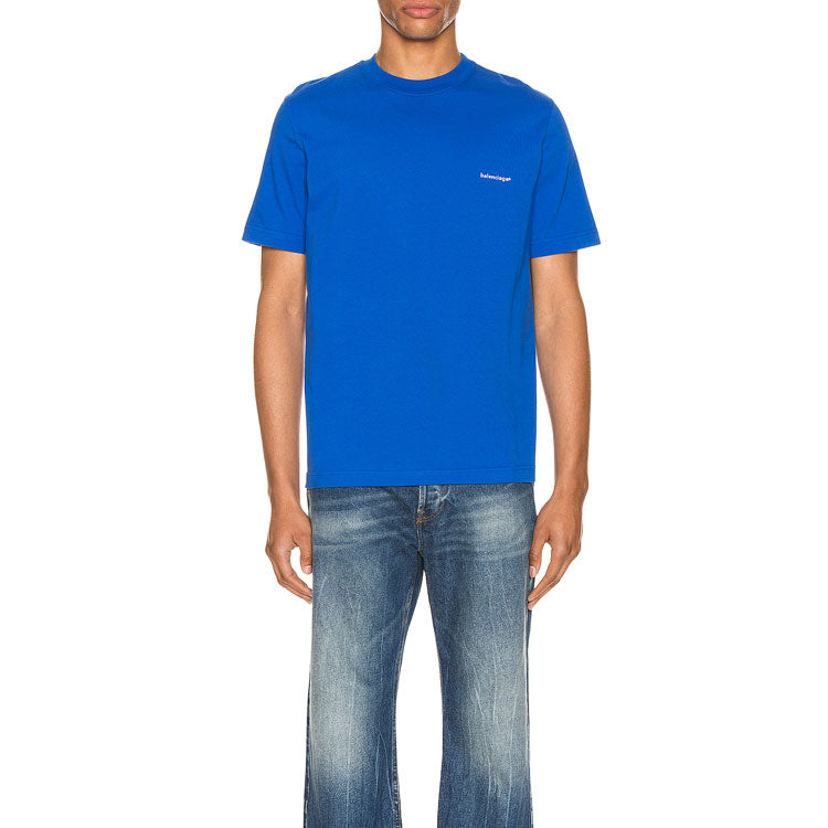 Men's Balenciaga SS21 Alphabet Small Logo Short Sleeve Blue 556151TBV438077
