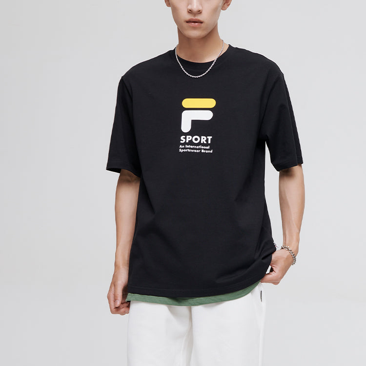 Men's FILA FUSION Cartoon Logo Printing Knit Sports Round Neck Short Sleeve Black T11M122103F-BK