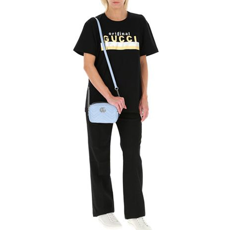 (WMNS) Gucci Gold And Silver Striped Letter Logo Short Sleeve For Black 615044-XJCRC-1082