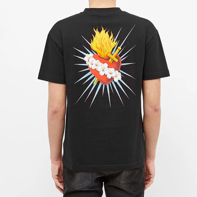 Men's PALM ANGELS Back Sacred Heart Tee Heart Shape Printing Short Sleeve Black PMAA001S204130151088