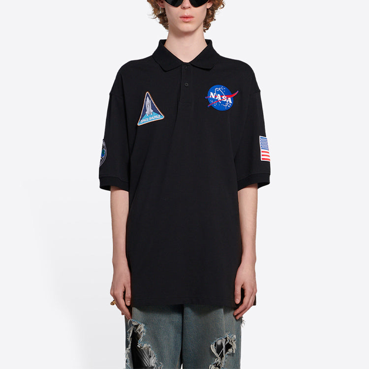Men's Balenciaga x NASA Crossover FW21 Space Printing Cotton Solid Color Polo Shirt Black 662493TKVG11070