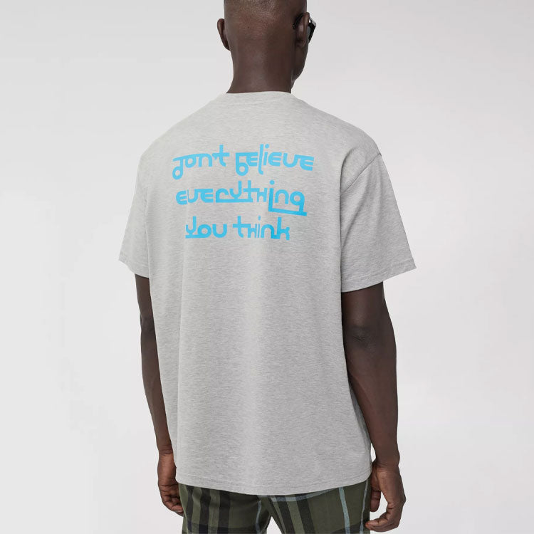 Men's Burberry Slogan Printing Cotton Loose Short Sleeve Gray 80370921