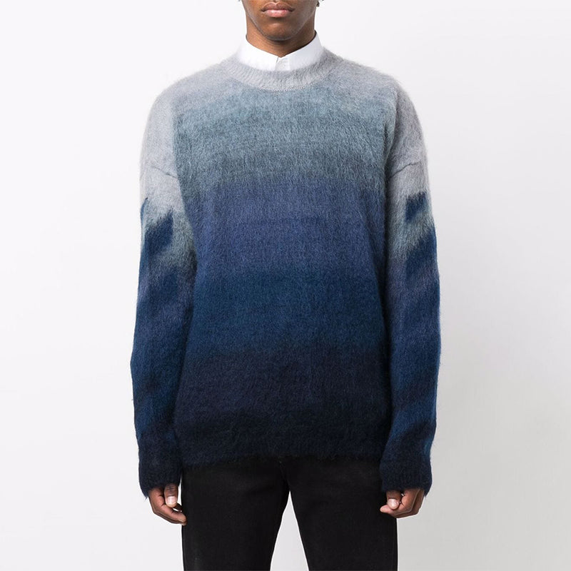 Men's Off-White Gradient Effect Round Neck Long Sleeves Wool Sweater Loose Fit Blue OMHE098F21KNI0014545
