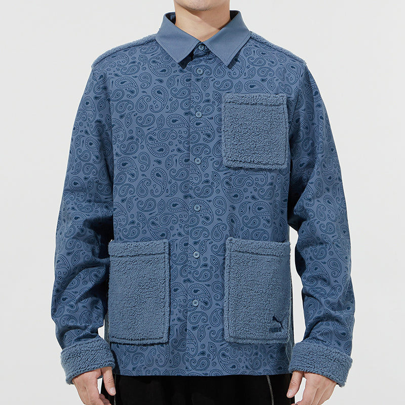 PUMA Paisley Woven Shirt cashew Pattern Multiple Pockets Jacket Blue 534978-64