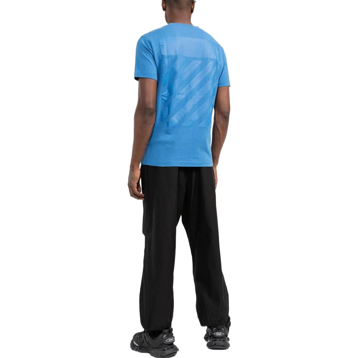 Men's Off-White FW22 Back Large Logo Printing Round Neck Short Sleeve Blue T-Shirt OMAA027F22JER0014545