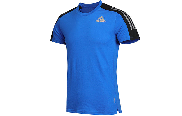 adidas Logo Printing Contrasting Colors Shoulder Round Neck Short Sleeve Blue GP5804